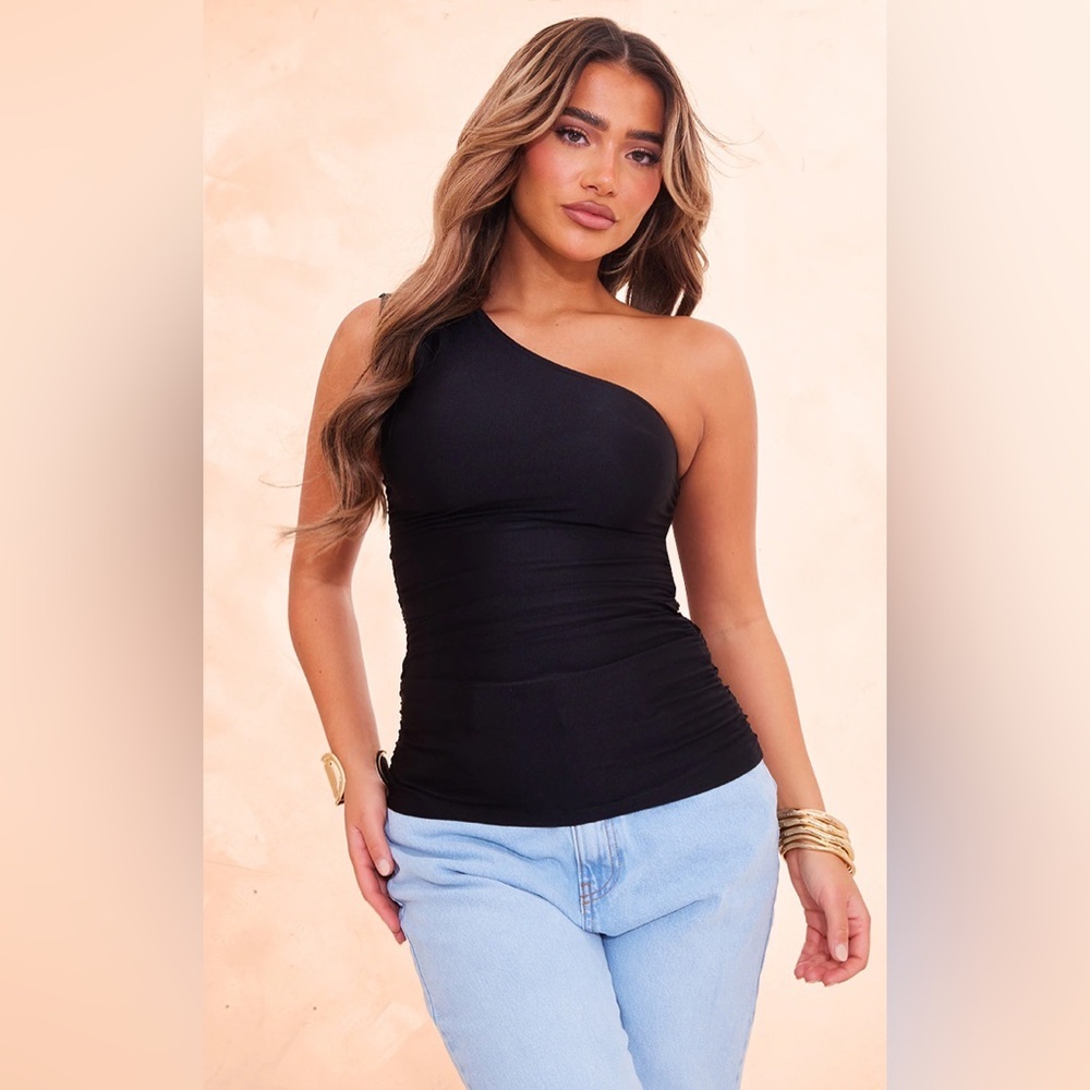 Pretty Little Thing One-Shoulder Black Stretch Slinky Ruched Side Long Top